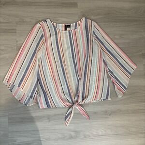 New Directions Curvy Women Blouse Top Bell Sleeve Striped Tie Front Top Size 2X